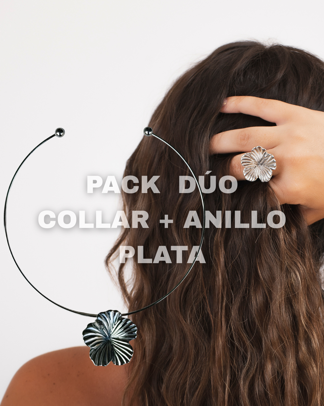 Pack Dúo Collar + Anillo Hibiscus Plata
